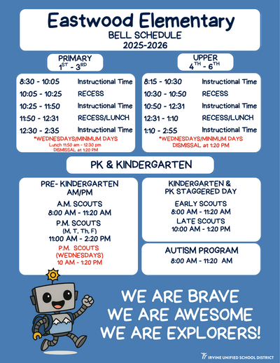 Eastwood Calendar Bell Schedule